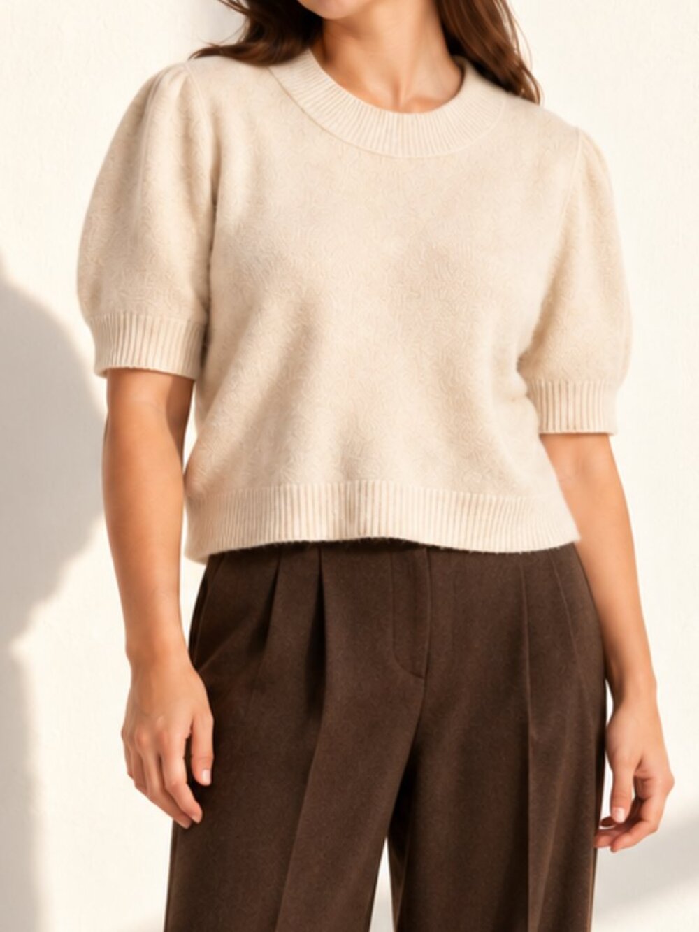 Free People Ivory 100% Cashmere Cropped Short Sleeve Sweater Size Extra Large